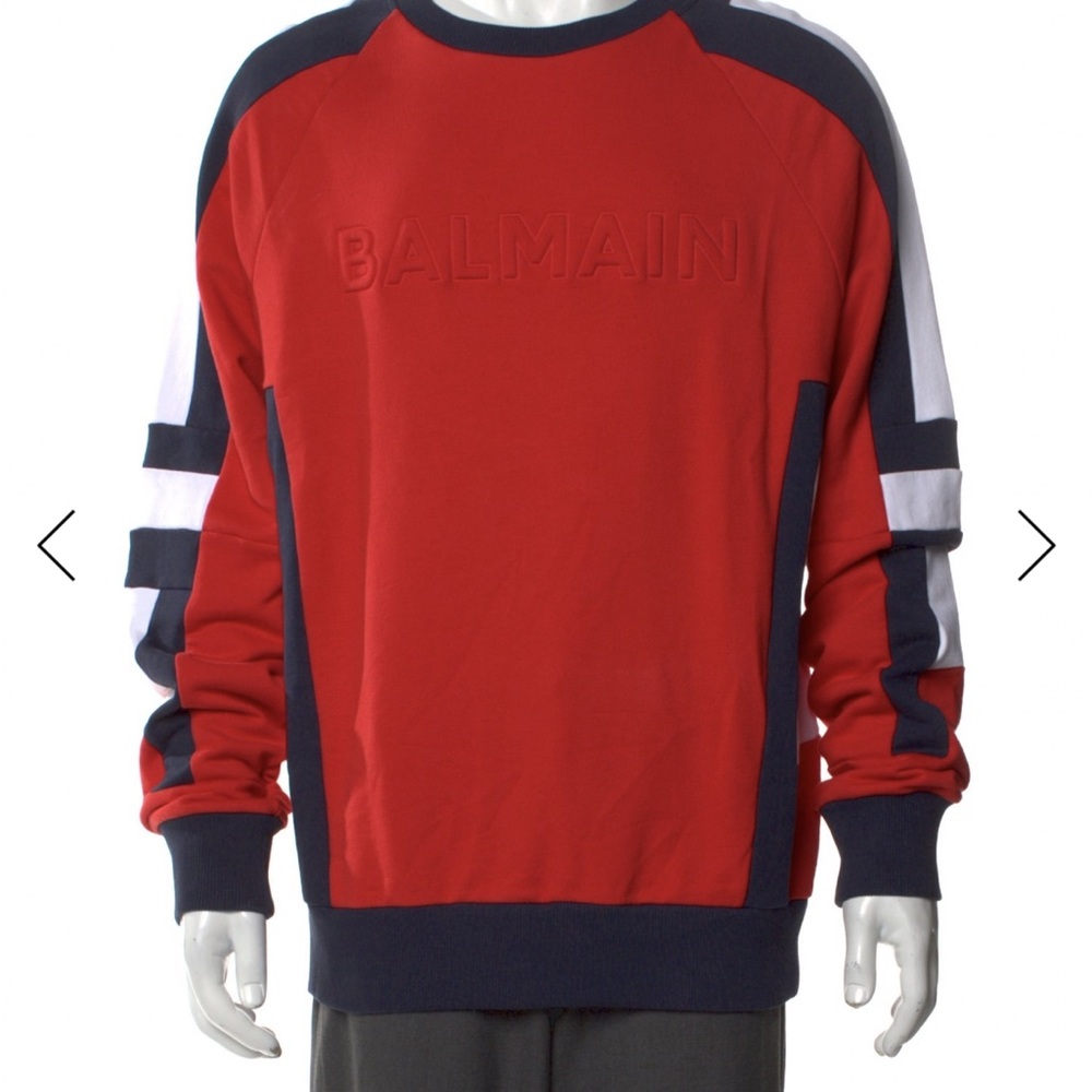 Balmain New Men's Bold Red and Navy Crewneck Sweater Large
